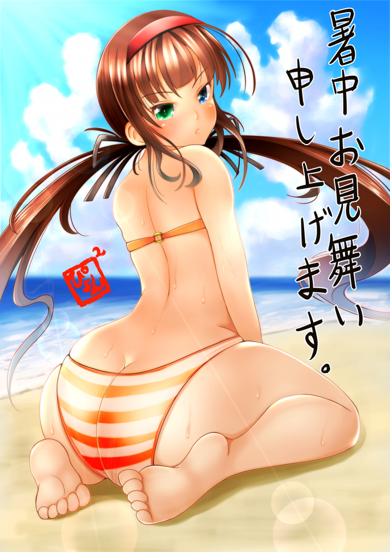 1girl, ass, bare_back, bare_shoulders, beach, blue_eyes, brown_hair, butt_crack