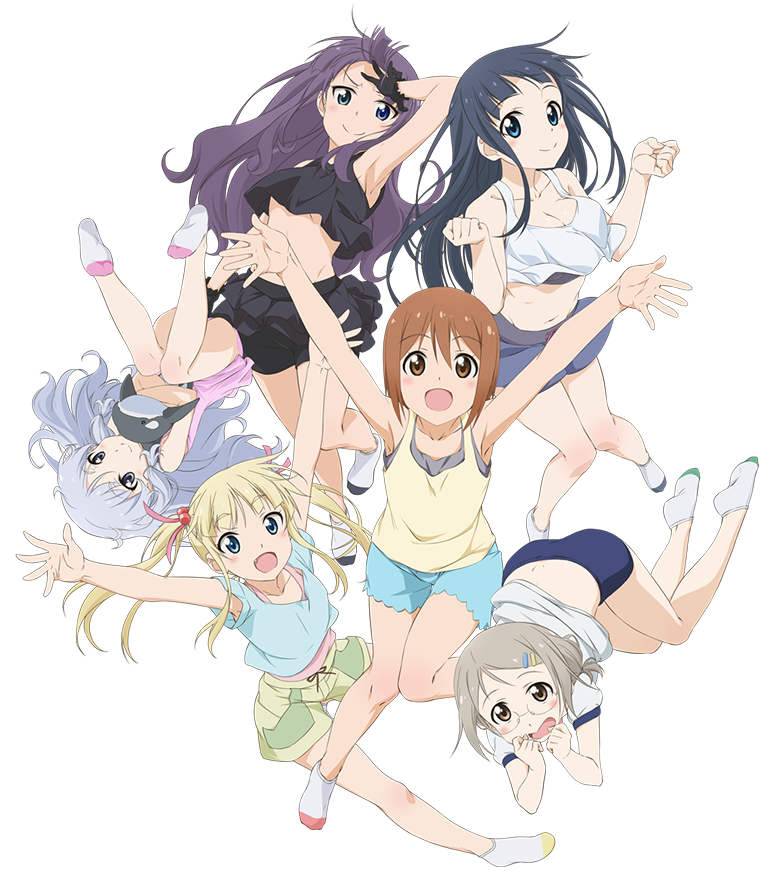 >:), 6+girls, :d, anitore!_ex, ankle_socks, arms_up, black_hair, blonde_hair
