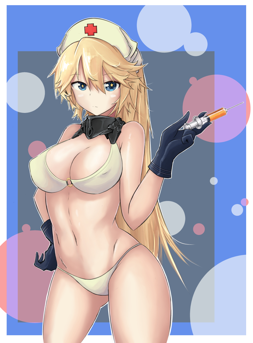 1girl, alternate_costume, alternate_hairstyle, bikini, black_gloves, blonde_hair, blue_eyes, breasts, circle, erect_nipples, gloves, gluteal_fold, hand_on_hip, hat, highres, iowa_(kantai_collection), kantai_collection, large_breasts, looking_at_viewer, navel, nurse, nurse_cap, o-ring_top, ponytail, serious, short_sleeves, solo, star, star-shaped_pupils, swimsuit, symbol-shaped_pupils, syringe, thighs, white_bikini, yam-potong