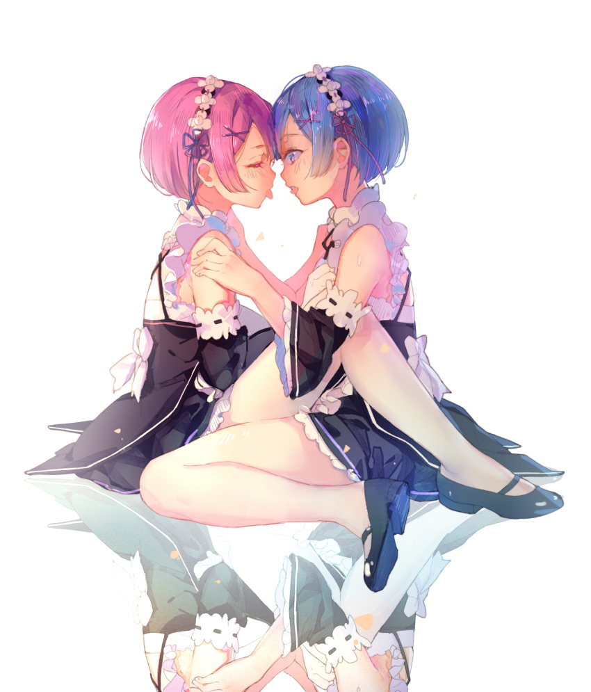 2girls, blue_eyes, blue_hair, blush, closed_eyes, detached_sleeves, hair_ornament, hair_ribbon