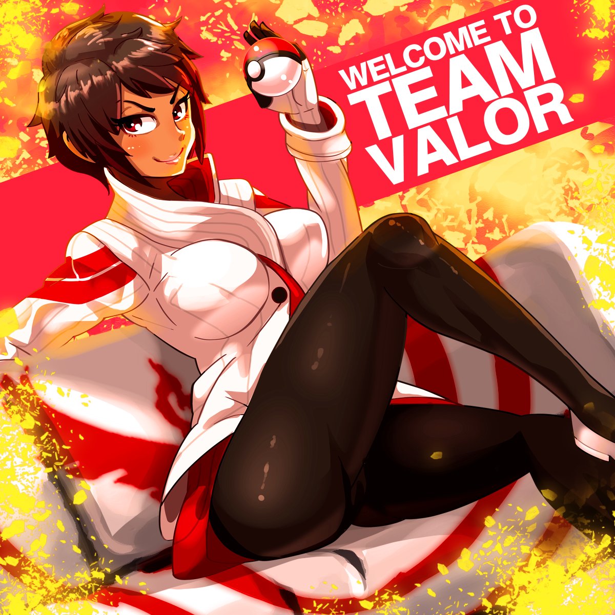 10s, 1girl, blush, brown_hair, brown_legwear, candela_(pokemon), dark_skin, english