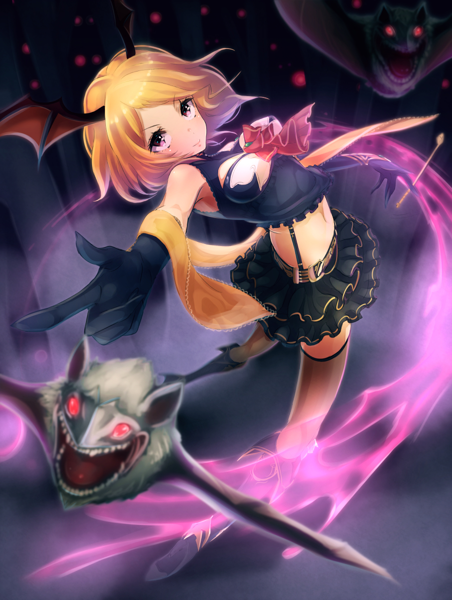 1girl, animal, bangs, bat, bat_wings, belt, between_fingers, black_boots