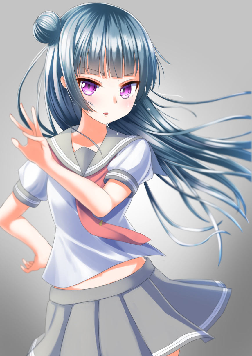1girl, bangs, blue_hair, blunt_bangs, blush, hair_bun, highres, long_hair