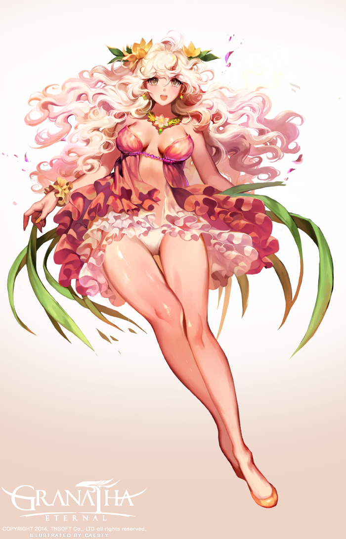 1girl, bracelet, breasts, caesty, center_opening, character_request, curly_hair, dress