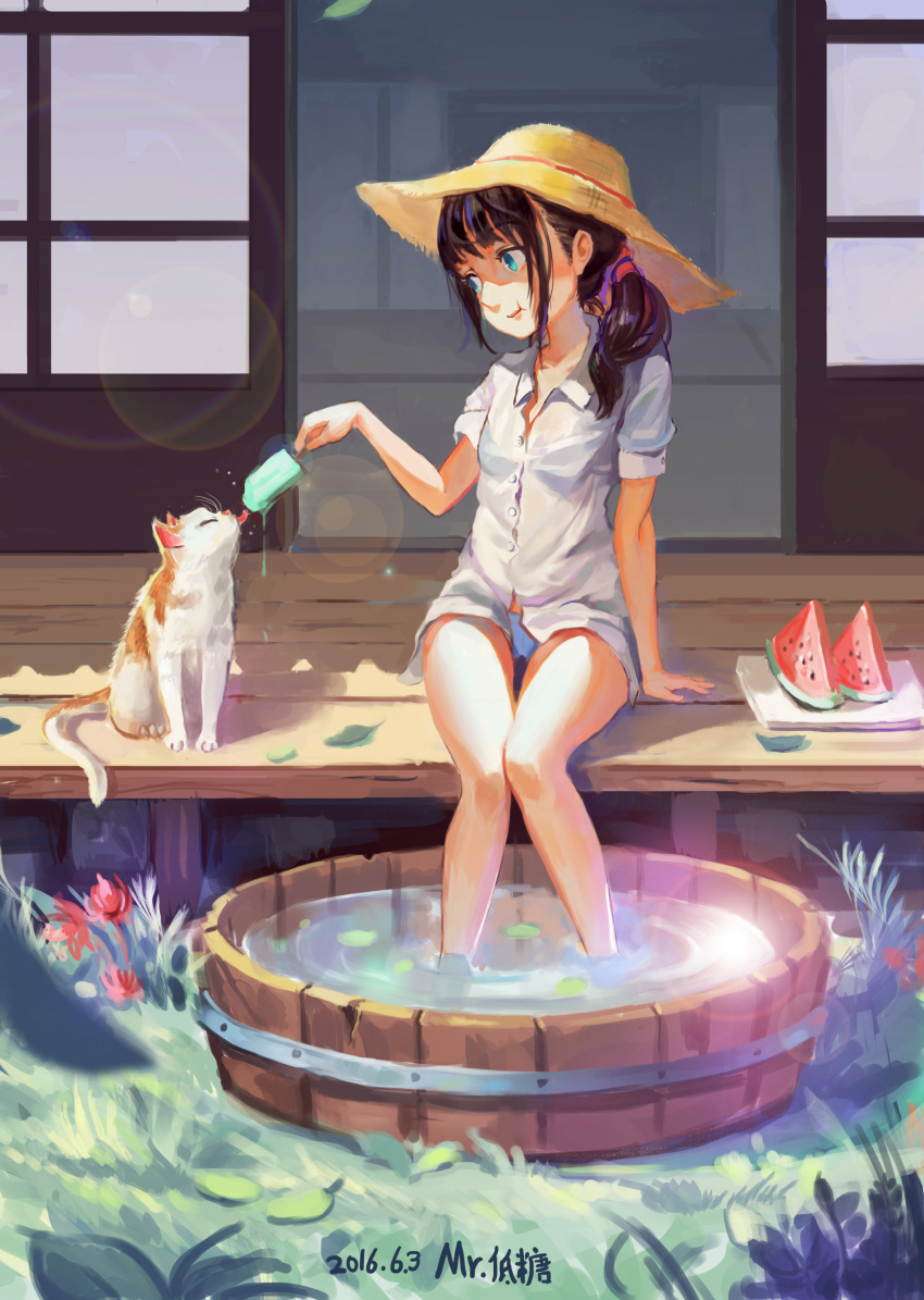 2016, :t, absurdres, artist_name, barefoot, basin, black_hair, blue_eyes