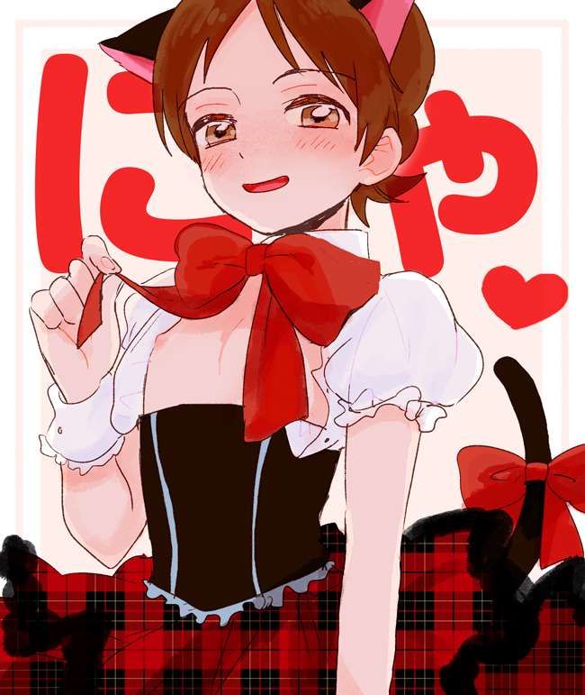 1boy, amano_keita, animal_ears, blush, brown_hair, cat_ears, cat_tail, corset