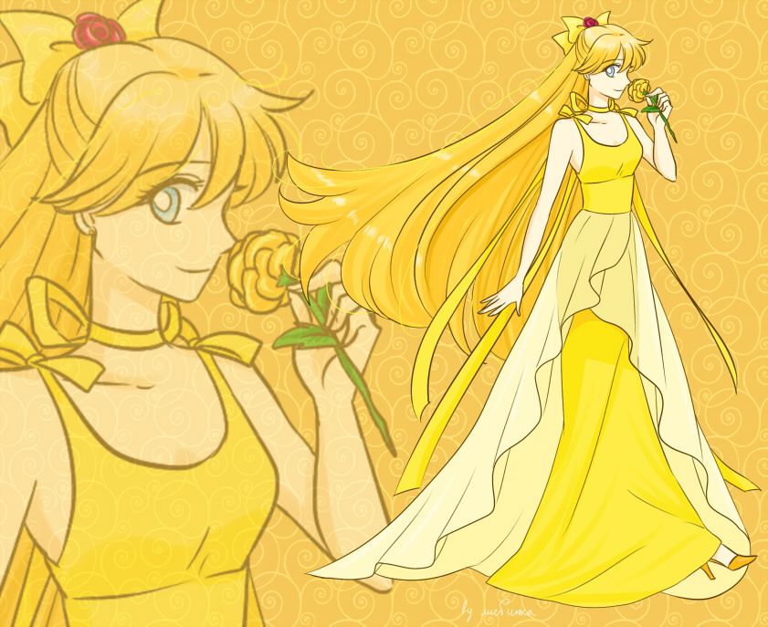 1girl, aino_minako, bishoujo_senshi_sailor_moon, blonde_hair, blue_eyes, bow, choker, dress
