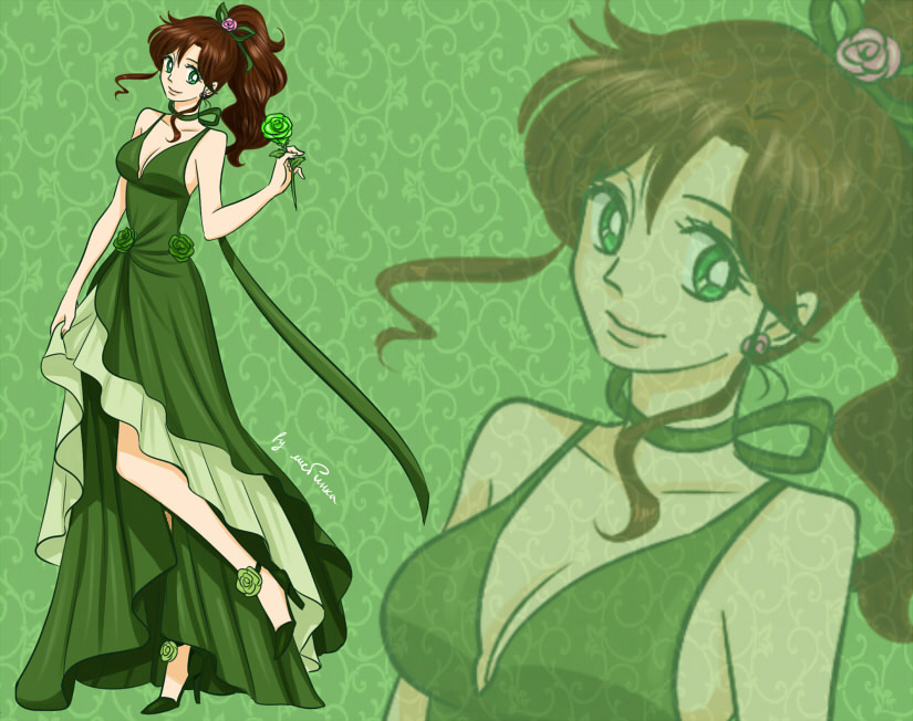1girl, bishoujo_senshi_sailor_moon, bow, brown_hair, choker, dress, flower, full_body