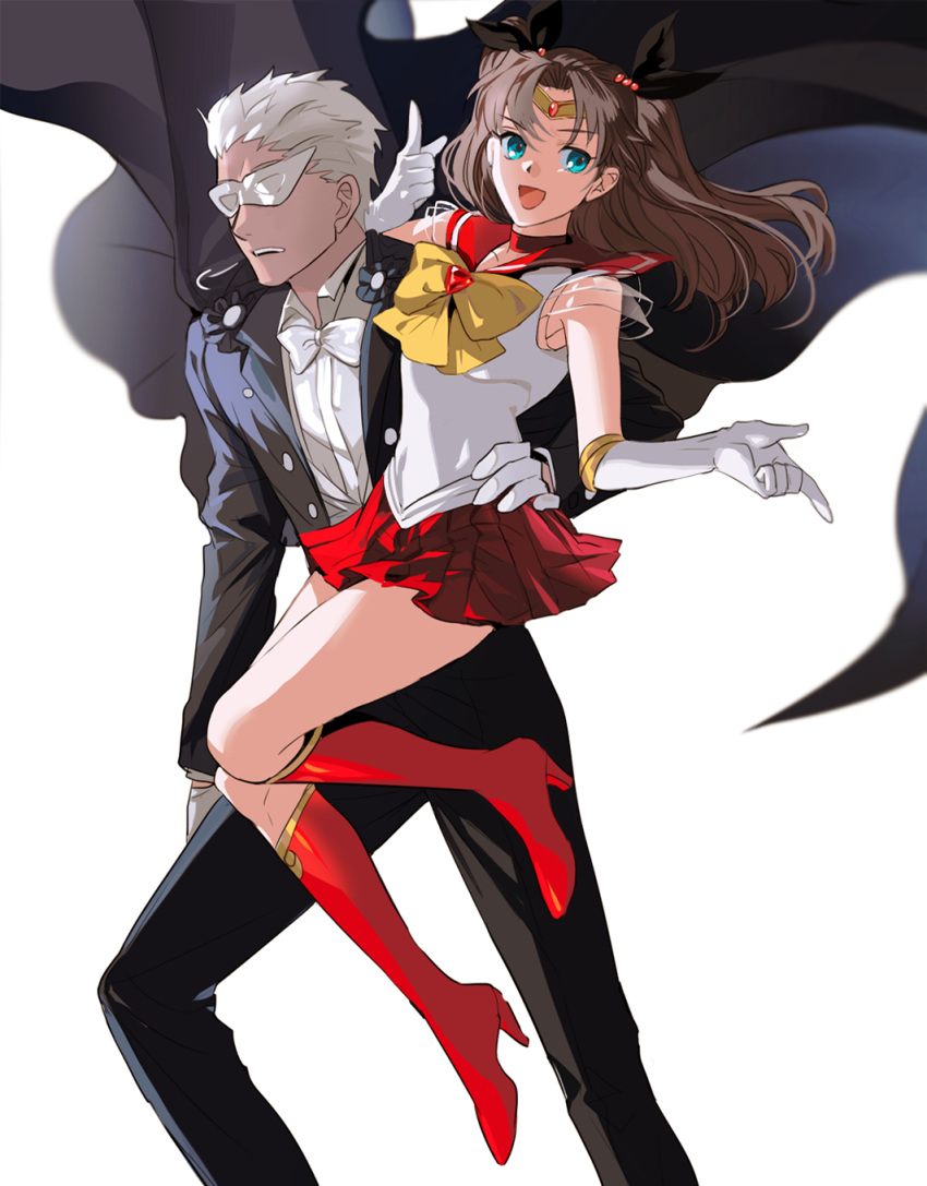 1boy, 1girl, 9sui, :d, archer, bishoujo_senshi_sailor_moon, black_ribbon, blue_eyes
