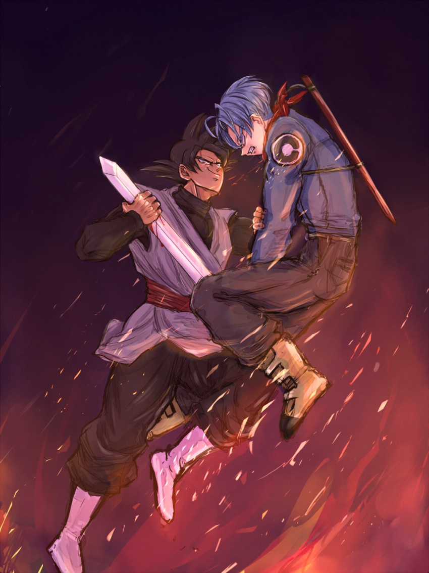 2boys, curtained_hair, dragon_ball, dragon_ball_super, goku_black, multiple_boys, trunks_(dragon_ball), trunks_(future)_(dragon_ball)