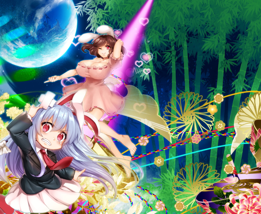 2girls, age_switch, animal_ears, bamboo, bamboo_forest, bandaid, bangs, barefoot