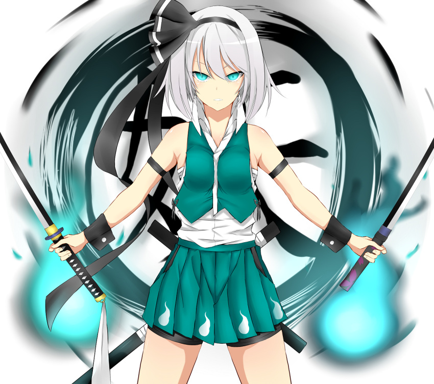 1girl, adapted_costume, bike_shorts, blue_eyes, dual_wielding, hair_ribbon, hairband, highres