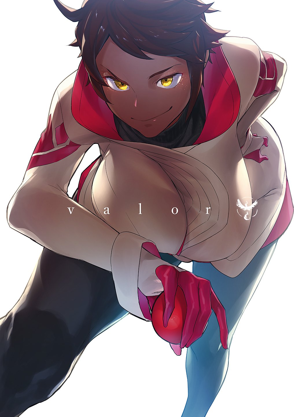 10s, 1girl, brown_hair, candela_(pokemon), dark_skin, gloves, highres, holding