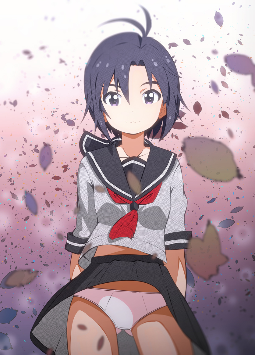 1girl, :3, antenna_hair, black_hair, blowing_leaves, idolmaster, kikuchi_makoto, leaf, looking_at_viewer, ns.x, panties, pantyshot, pink_panties, school_uniform, serafuku, short_hair, solo, underwear, violet_eyes, wind