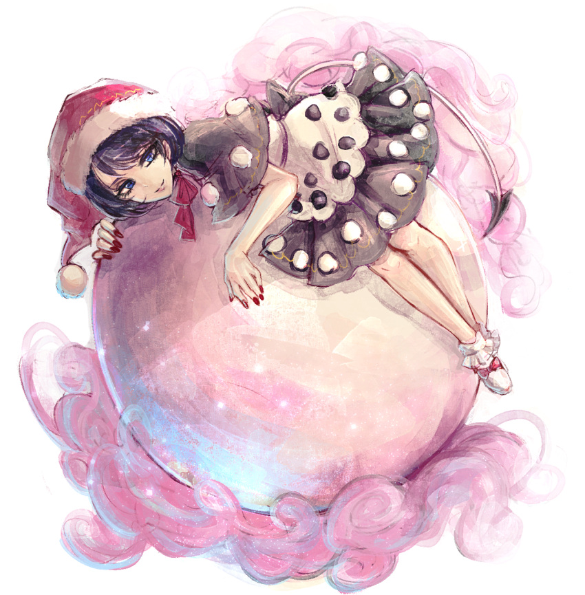 1girl, ascot, black_dress, blob, blue_eyes, blue_hair, capelet, doremy_sweet