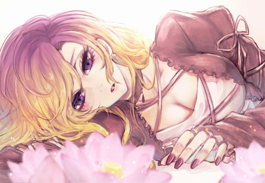 1girl, blonde_hair, breasts, cleavage, earrings, fingernails, flower, gradient_hair
