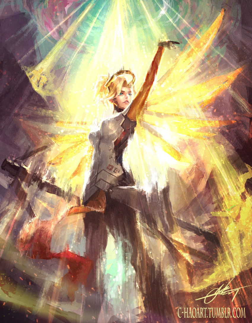 1boy, 1girl, absurdres, arm_up, backlighting, bastion_(overwatch), blonde_hair, blue_eyes