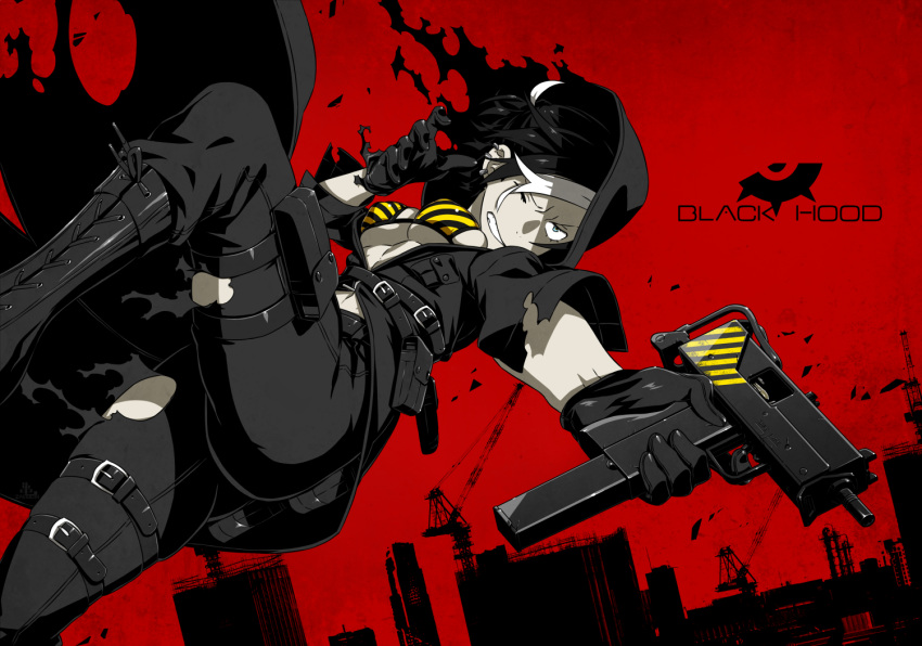1girl, belt, bikini_top, black_hood, boots, character_name, combat_boots, crane