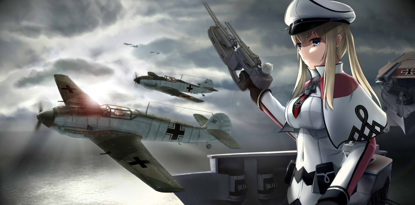 1girl, aircraft, aircraft_carrier, bf_109, black_gloves, blonde_hair, breasts, capelet