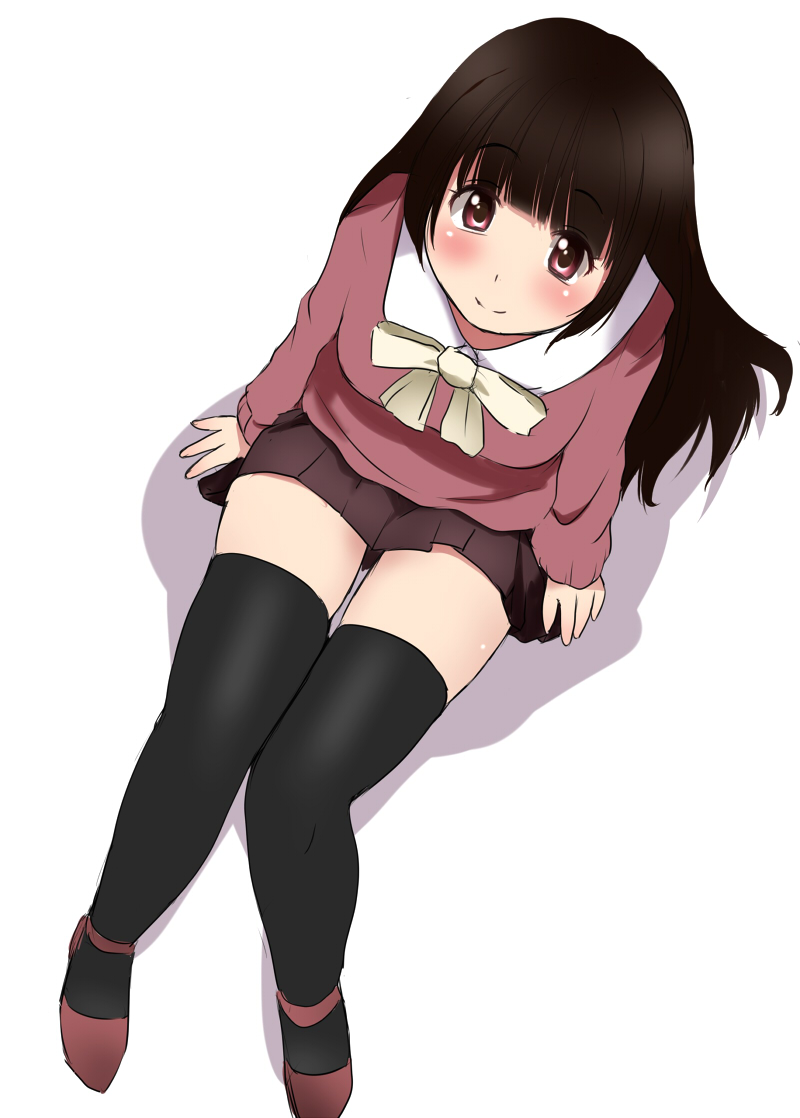 1girl, black_hair, black_legwear, blush, contemporary, hime_cut, houraisan_kaguya, kozue_akari
