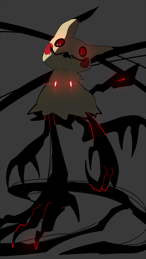 10s, ghost, glowing_eyes, midi_hazapero, mimikyu, nintendo, no_humans, pokemon, pokemon_sm, red_eyes, tagme