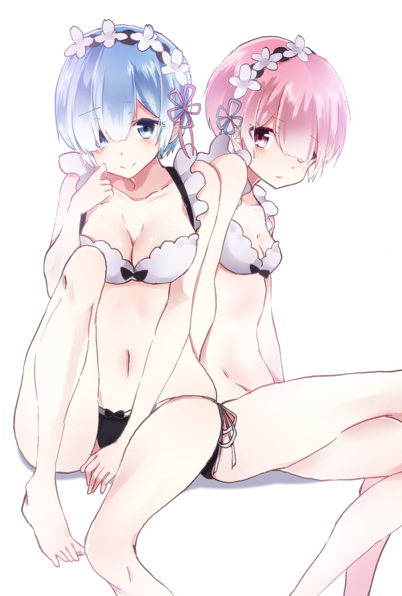 2girls, blue_eyes, blue_hair, bra, breasts, cleavage, collarbone, hair_over_one_eye