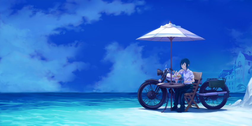 00s, 1girl, :q, bangs, belt_pouch, blue, blue_eyes, blue_hair, building, chair, clouds, collared_shirt, food, ground_vehicle, hermes, highres, holding, holding_spoon, horizon, house, kino, kino_no_tabi, mansion, motor_vehicle, motorcycle, nyakkuru, ocean, outdoors, pants, parfait, polo_shirt, shirt, shore, short_hair, sitting, sky, smile, solo, spoon, table, tomboy, tongue, tongue_out, umbrella, white_shirt