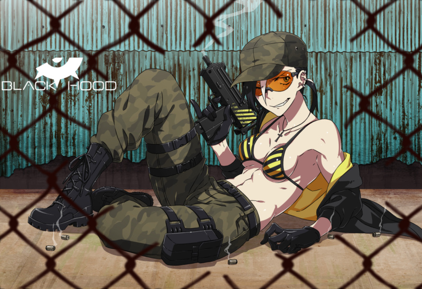 1girl, abs, belt, bikini_top, black_hood, boots, camouflage, character_name, combat_boots, cross, cross_necklace, fence, glasses, gloves, gun, hat, hazard_stripes, holster, jewelry, kamezaemon, leaning_back, military_hat, multicolored_hair, necklace, one_eye_closed, original, shell_casing, smoke, smoking_gun, solo, sunglasses, toned, two-tone_hair, weapon