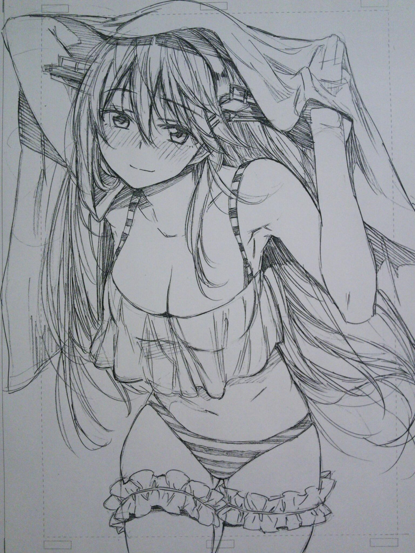 1girl, alternate_costume, anklet, bare_shoulders, blush, breasts, cleavage, hairband