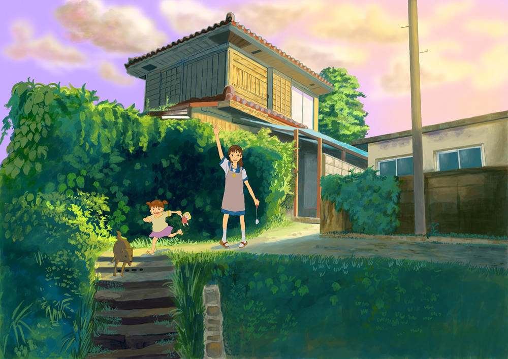 2girls, apron, brown_hair, child, dog, happy, house, ladle