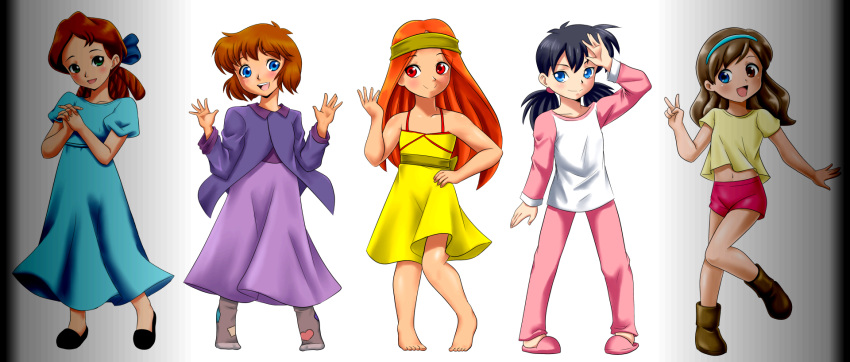 5girls, barefoot, blonde_hair, blue_eyes, brown_hair, female, green_eyes, grey_hair