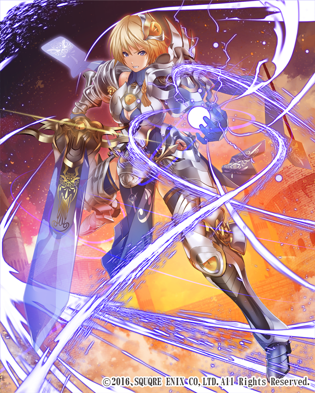 action_pose, armor, blonde_hair, blue_eyes, braid, breasts, large_breasts, sword