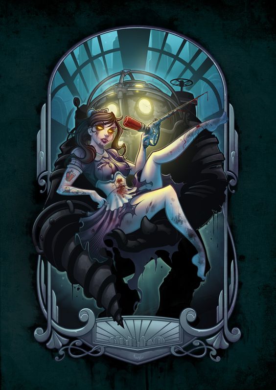 big_daddy, big_sister, big_sister_(bioshock), bioshock, bioshock_2, blood, breasts, dress