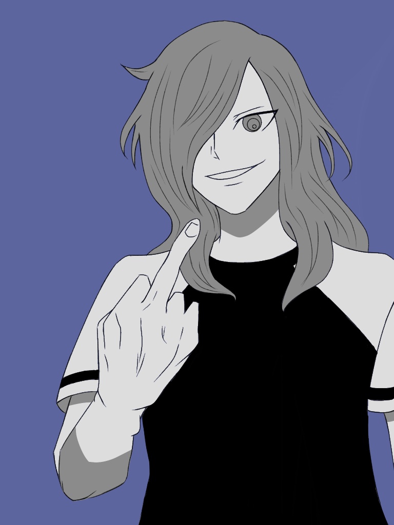 1boy, grin, hair_over_one_eye, haizaki_ryouhei, inazuma_eleven, inazuma_eleven_(ares_no_tenbin), inazuma_eleven_(series), looking_at_viewer, male_focus, middle_finger, partially_colored, simple_background, solo, tagme