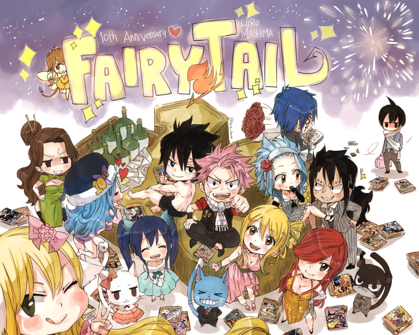 6+boys, 6+girls, black_eyes, black_hair, blonde_hair, blue_hair, book, bottles