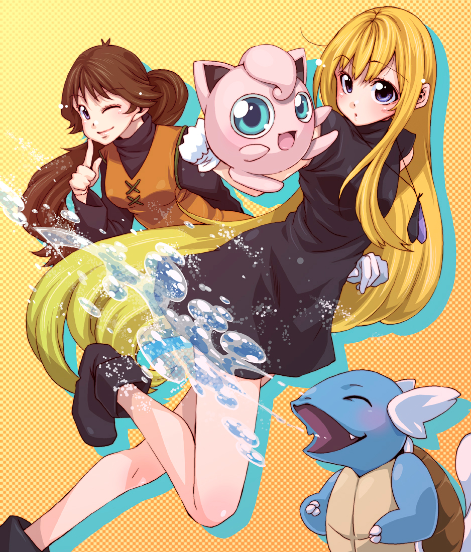 alternate_hair_length, alternate_hairstyle, black_dress, blonde_hair, blue_(pokemon), blue_(pokemon)_(cosplay), brown_hair, bubble