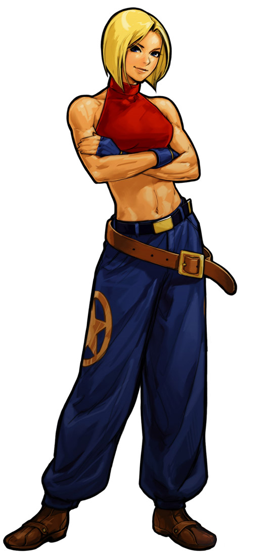 1girl, blonde_hair, blue_mary, crossed_arms, fatal_fury, female, fingerless_gloves, full_body, gloves, halter, halterneck, hiroaki_(artist), hiroaki_(kof), king_of_fighters, king_of_fighters_xi, kof_11, midriff, official_art, short_hair, simple_background, sleeveless, smile, snk, solo, standing, white_background
