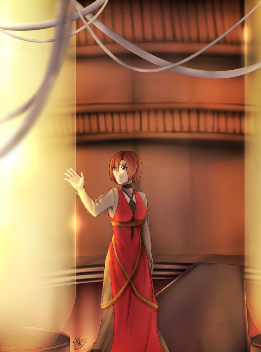 1girl, blurry, brown_eyes, brown_hair, choker, depth_of_field, evillious_nendaiki, glowing, highres, laboratory, majo_salmhofer_no_toubou_(vocaloid), mandy_kurosaki, meiko, pipes, reaching_out, sad, see-through, stairs, stasis_tank, vocaloid