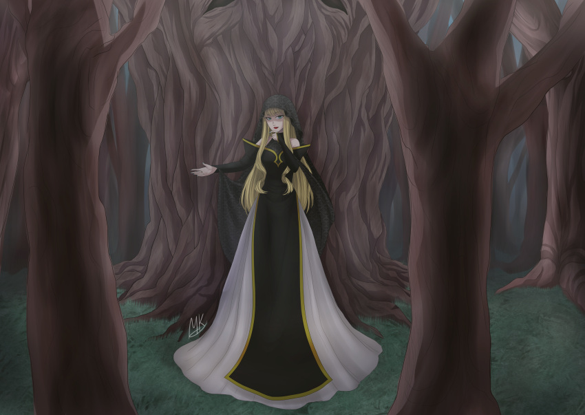 1girl, absurdres, alternate_hair_color, bare_shoulders, black_dress, blonde_hair, blue_eyes, bridal_gauntlets