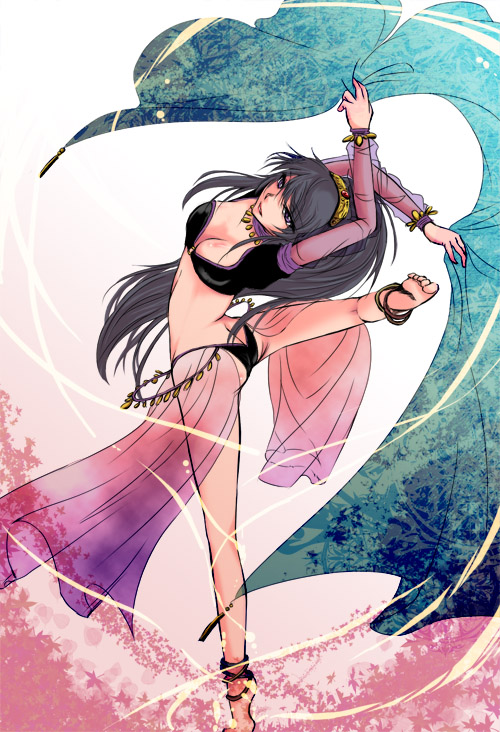 bikini, black_hair, breasts, butt_crack, c.c., c.c._(cosplay), cc, cc_(cosplay), cleavage, code_geass, cosplay, dancer, genderswap, gypsy, large_breasts, lelouch_lamperouge, long_hair, luluko, midriff, purple_eyes, redblood, swimsuit, violet_eyes