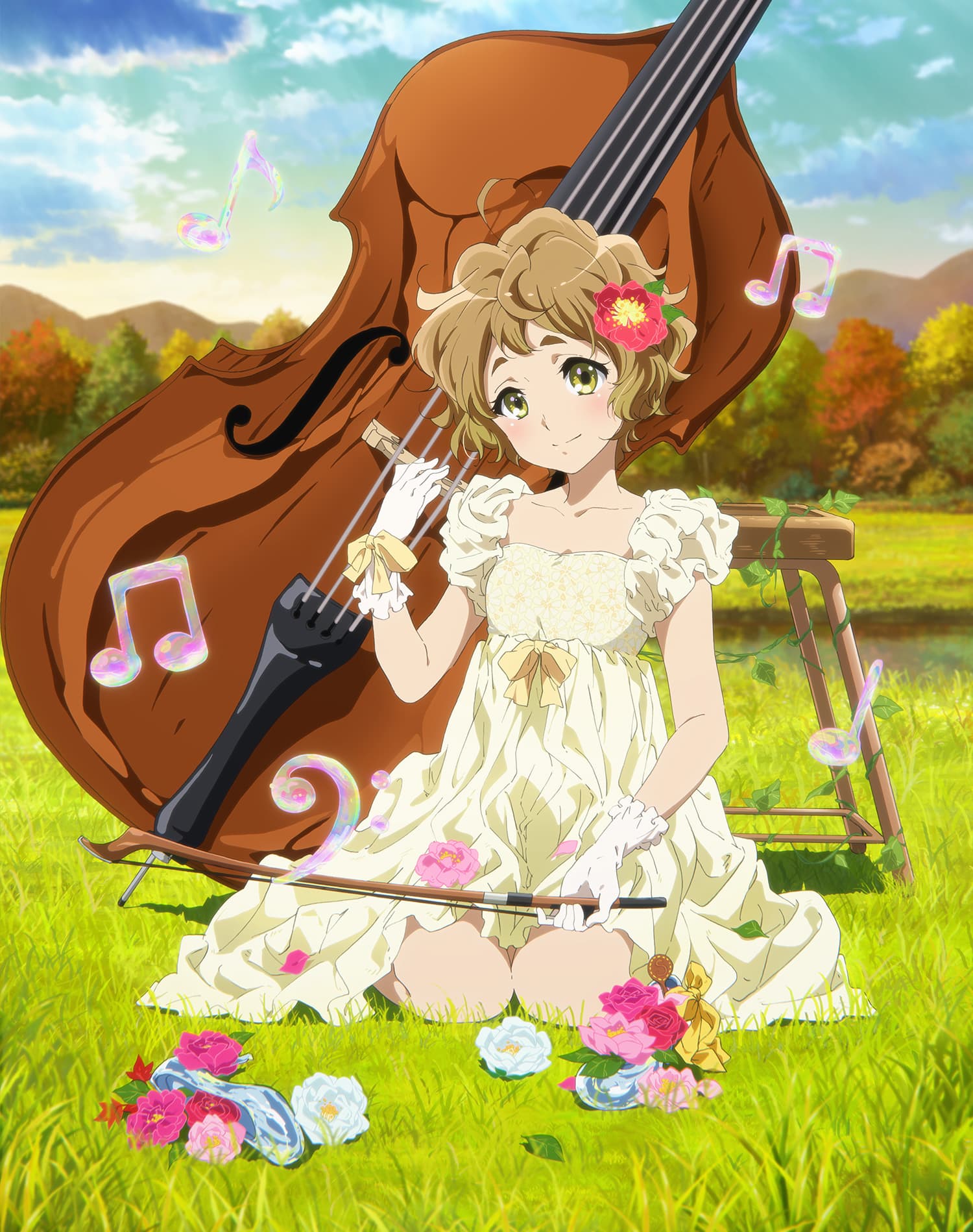 1girl, brown_hair, clouds, collarbone, double_bass, dress, flower, full_body