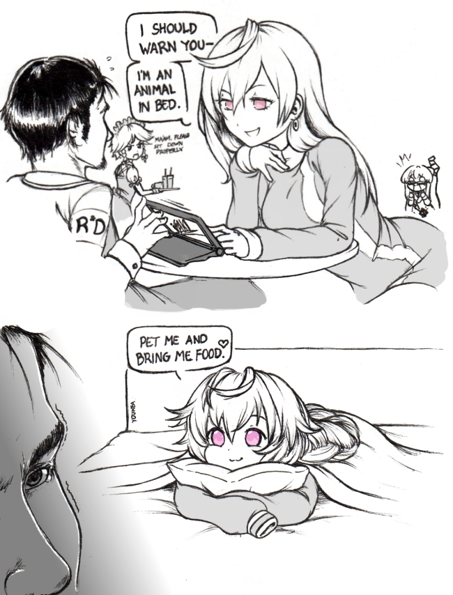 1boy, 3girls, artist_self-insert, bed, blush, breasts, choujigen_game_neptune, comic