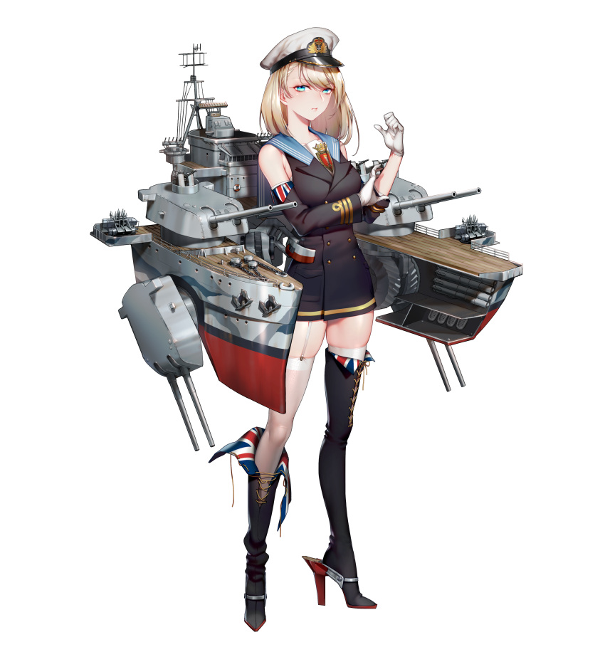 1girl, absurdres, aqua_eyes, asymmetrical_footwear, bangs, battleship_girl, black_boots, black_dress, blonde_hair, boots, breasts, buttons, cannon, chains, character_request, closed_mouth, collarbone, commentary_request, cross-laced_footwear, detached_sleeves, double-breasted, dress, emblem, eyebrows, eyebrows_visible_through_hair, full_body, garter_straps, gloves, hat, high_heels, highres, hms_norfolk_(78), knees, lace-up_boots, legs_apart, lifebuoy, looking_at_viewer, mast, medium_breasts, microdress, original, peaked_cap, pocket, pout, quuni, sailor_collar, single_knee_boot, sleeves_pushed_up, solo, standing, thigh-highs, thigh_boots, transparent_background, turret, union_jack, untied, white_gloves, white_hat, white_legwear