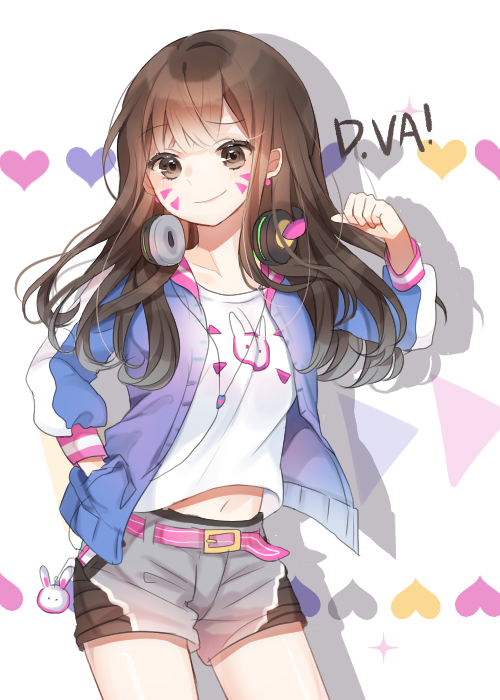 1girl, bangs, breasts, brown_eyes, brown_hair, casual, character_name, charm_(object)