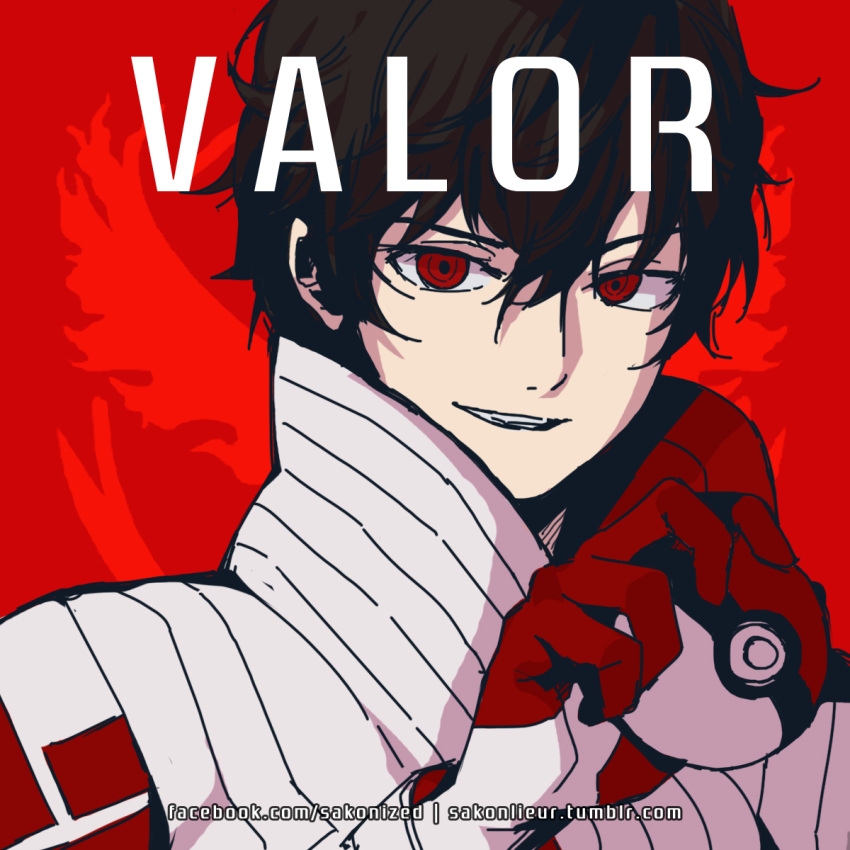 10s, 1boy, black_hair, candela_(pokemon), candela_(pokemon)_(cosplay), close-up, emblem, facebook_address, gloves, highres, holding, holding_poke_ball, kurusu_akira, male_focus, persona, persona_5, poke_ball, pokemon, pokemon_go, protagonist_(persona_5), red_background, red_eyes, sakon04, solo, team_valor, tumblr_username