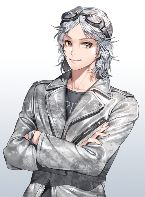 1boy, crossed_arms, ganik_(pisshine), goggles, goggles_on_head, grey_eyes, jacket, leather