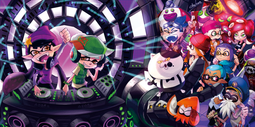+_+, 4boys, 6+girls, album_cover, aori_(splatoon), aqua_hair, arm_up, armor