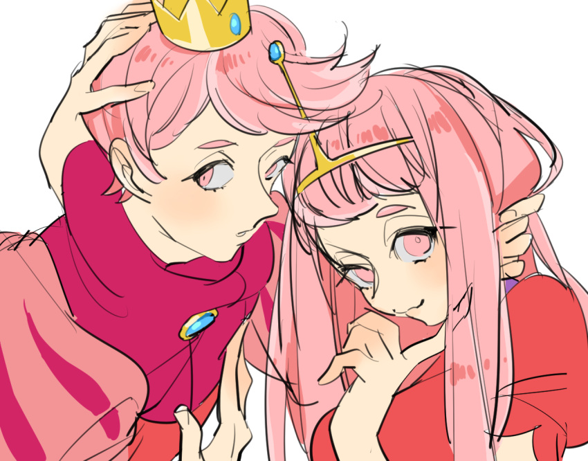 1boy, 1girl, adventure_time, arm_around_neck, cowlick, crown, juliet_sleeves, kinako_(marubotan), long_hair, long_sleeves, looking_at_viewer, parted_lips, pink_eyes, pink_hair, pink_skin, prince_bubba_gumball, princess_bonnibel_bubblegum, puffy_sleeves, short_hair, short_sleeves, smile, upper_body