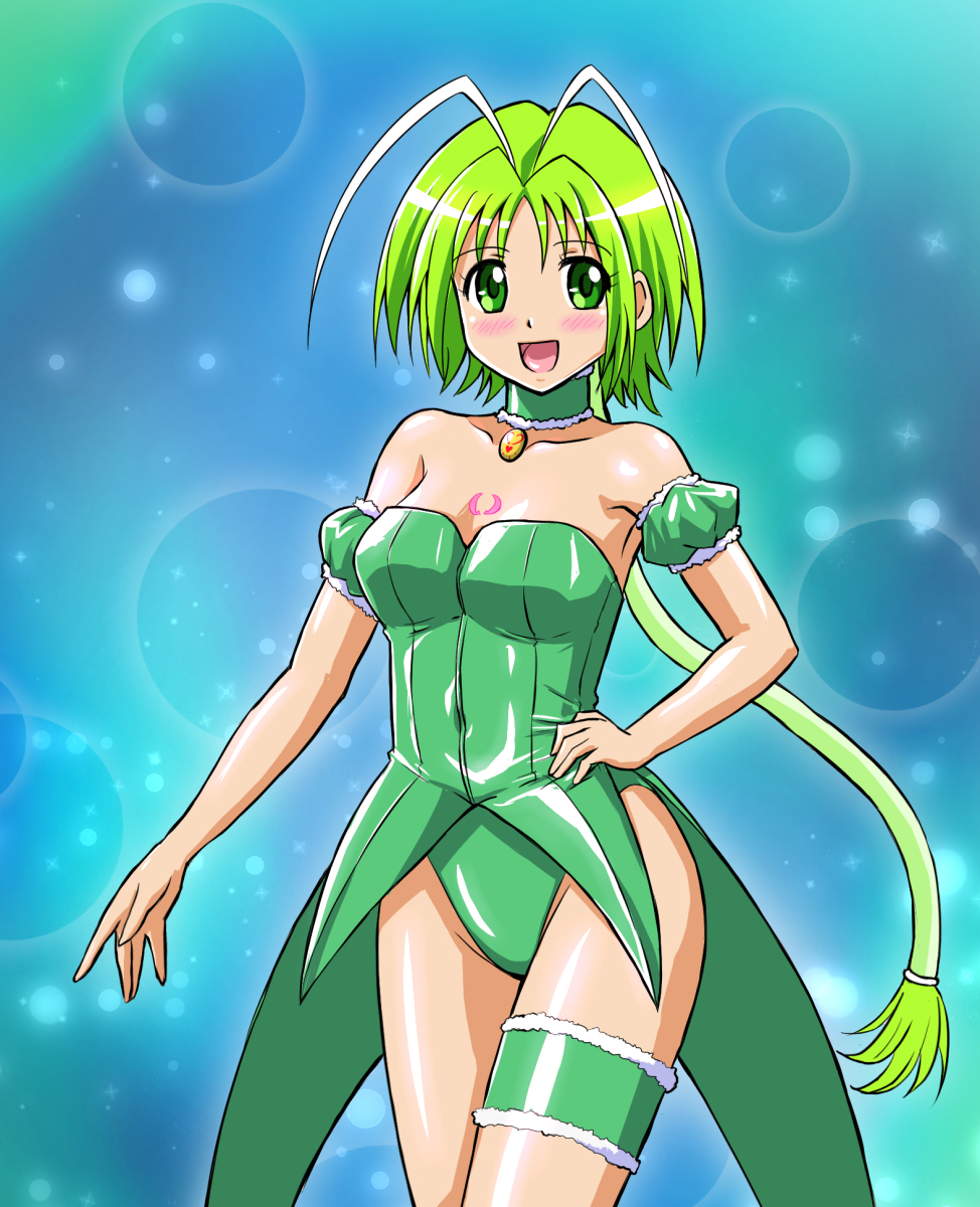 00s, 1girl, arm_garter, breasts, choker, garters, green_eyes, green_hair