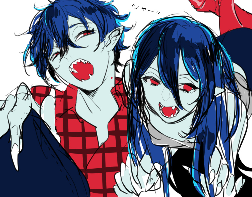 1boy, 1girl, adventure_time, bite_mark, black_hair, boots, denim, fangs